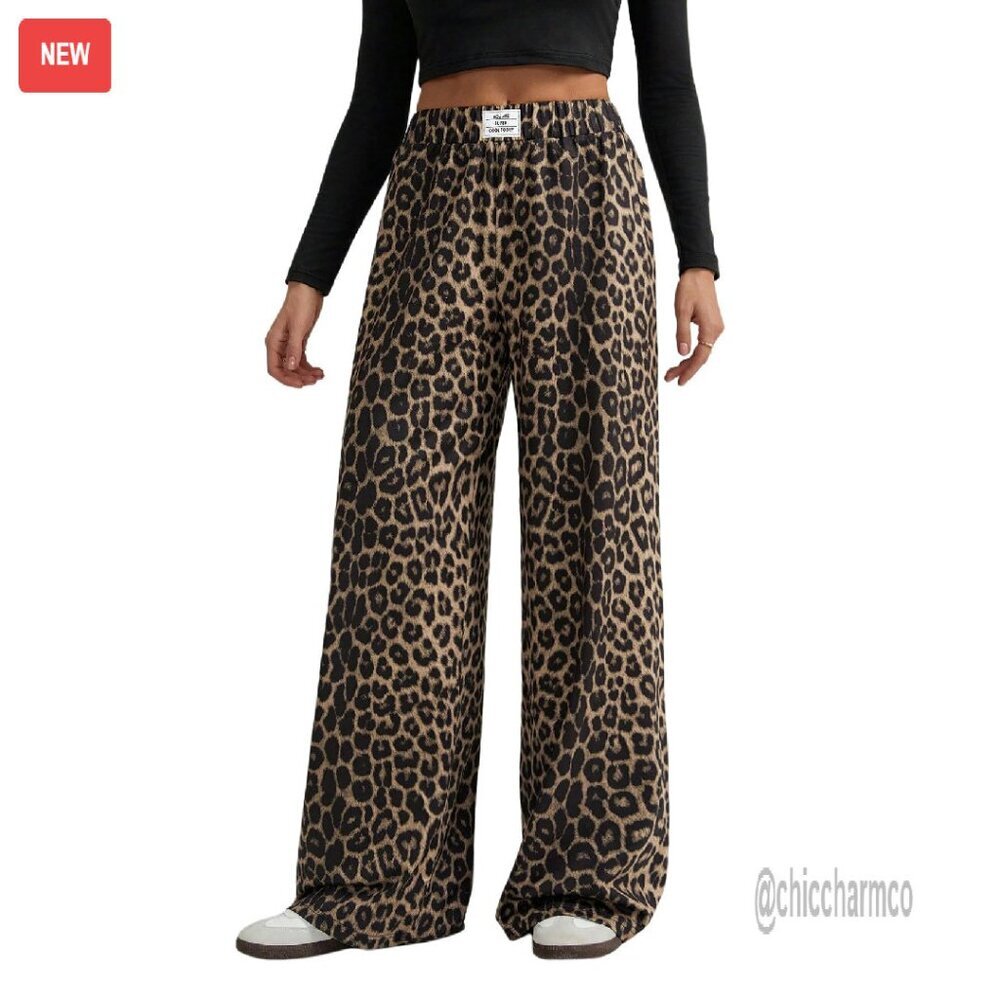 Leopard Print Wide Leg Sweatpants High Waisted Elastic Casual Pants
